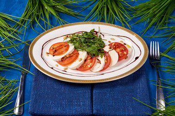 caprese salad, tomatoes, cheese, dandelion leaves on a blue background