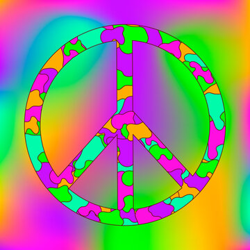 Icon, sticker in hippie style with rainbow Peace sign on rainbow gradient background. Neon style