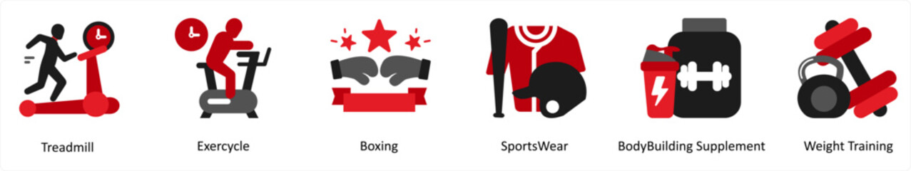 Six business icons in red and black as treadmill, exercycle, boxing