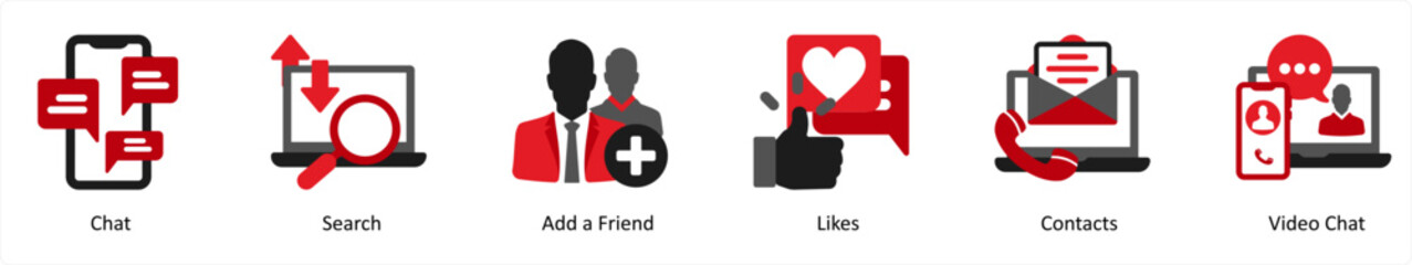 Six business icons in red and black as chat, search, add a friend