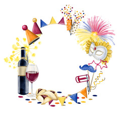 Watercolor Purim round frame with Jewish traditional symbols. Masks, noise maker, party hats, fireworks, Esther scroll