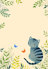 Hand drawn watercolor illustration. Greeting card with grey cat.