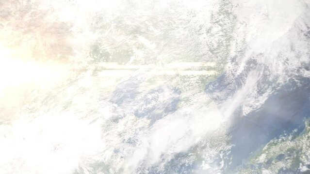 Earth zoom in from outer space to city. Zooming on Zhuanghe, Dalian, Liaoning, China. The animation continues by zoom out through clouds and atmosphere into space. Images from NASA