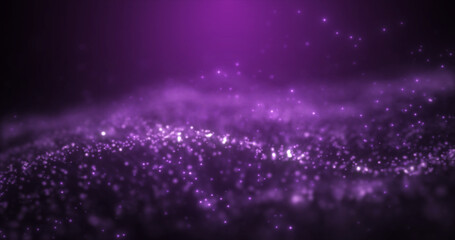 Abstract purple glowing energy waves from particles and magic dots with blur effect on dark background. Abstract background