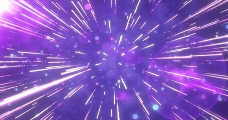 Fototapeta na wymiar Abstract purple flying stars bright glowing in space with particles and magical energy lines in a tunnel in open space with sun rays. Abstract background