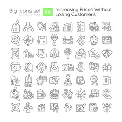 Fototapeta na wymiar Increasing prices without losing customers linear icons set. Business strategy. Customizable thin line symbols. Isolated vector outline illustrations. Editable stroke. Quicksand-Light font used
