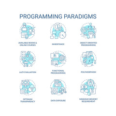Programming paradigms turquoise concept icons set. Coding styles idea thin line color illustrations. Advantages, drawbacks. Isolated symbols. Editable stroke. Roboto-Medium, Myriad Pro-Bold fonts used - obrazy, fototapety, plakaty