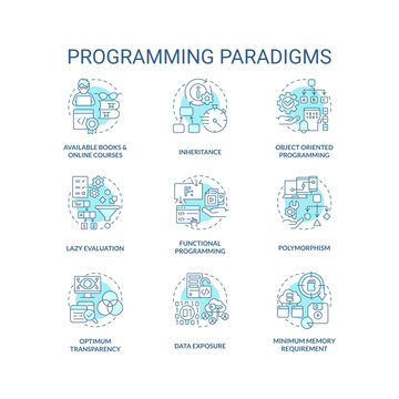 Programming paradigms turquoise concept icons set. Coding styles idea thin line color illustrations. Advantages, drawbacks. Isolated symbols. Editable stroke. Roboto-Medium, Myriad Pro-Bold fonts used