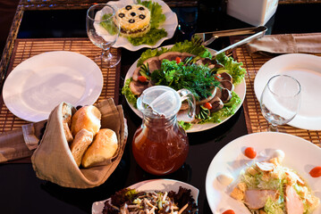 table with salads and juice