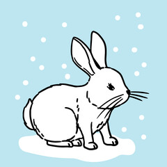 Vector illustration. Cute hand drawn bunny on snow