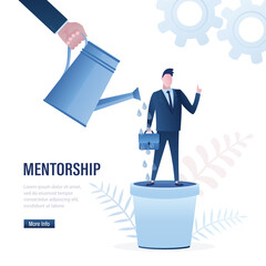 Businessman hand uses watering can and pouring water on male clerk or office worker standing in pot. Concept of mentorship, professional training. Coaching for beginner entrepreneur. © naum
