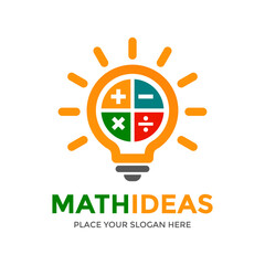 Math ideas vector logo template. This design use lamp and math symbol. Suitable for learm, education, business or quiz.