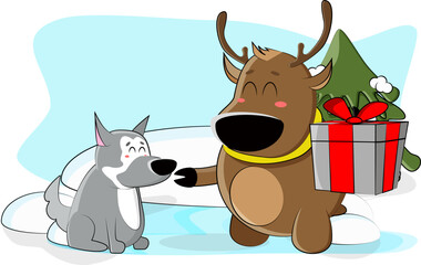 Cute deer prepared a gift for his best friend husky