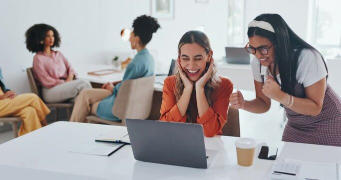 Success, fist bump or happy employees with a handshake in celebration of digital marketing sales goals at office desk. Laptop, winner or excited women celebrate winning an online business deal at job