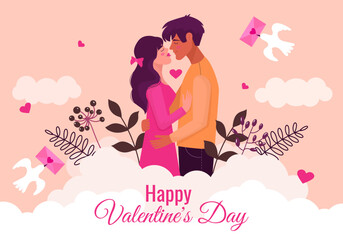 valentines day illustration with hugging lovers in the clouds