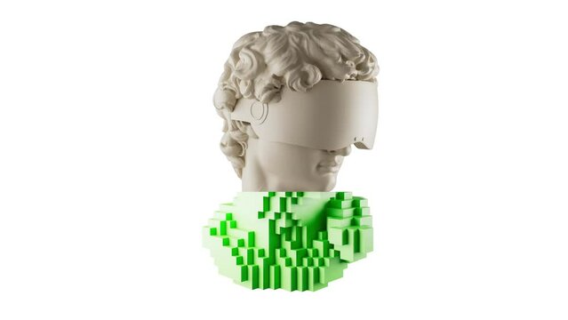 3D Multicolored Rotating David Head In VR Glasses. Michelangelo's David Sculpture. Glitch Effect. NFT Cryptoart Concept.  4K