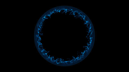 Blue circle emitting fringe particles on black background, portal ring. Cosmic Miracle Anomaly. Abstract festive backdrop for advertise text, Valentine, Christmas 3D render