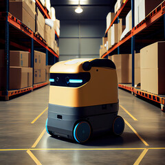 Autonomous robot transportation in warehouses, warehouse automation concept. Generative Ai