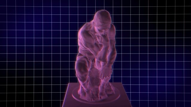 3D The Thinker Rotating Statue Animation. Greek Sculpture In Modern Art Style. NFT Cryptoart Concept. 4K