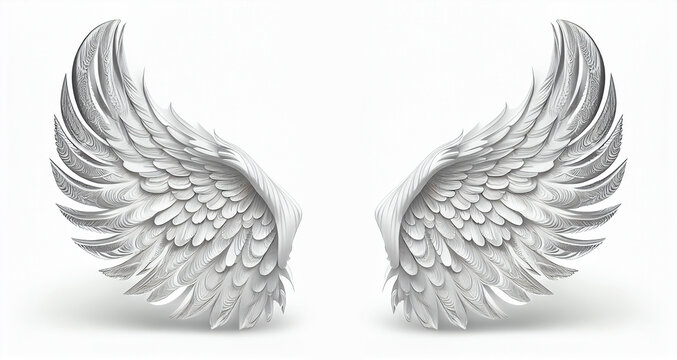 Angel wings on white background, panoramic image. Generative Ai