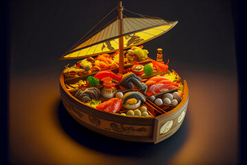 Colorful sushi on a wooden boat 