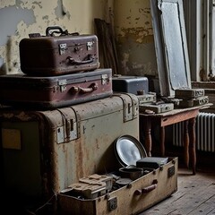 Obraz na płótnie Canvas Old suitcases and trunks in an old room.