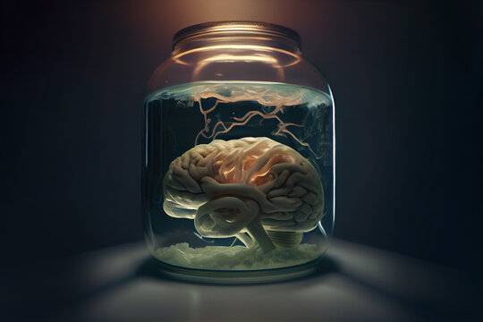 Human brain in a jar full of liquid. Generative Ai