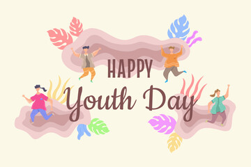 Fototapeta premium International youth day flat illustration, Happy youth day with people jumping, a friendly team, cooperation, and friendship