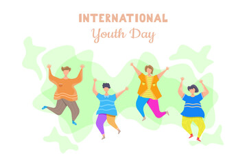 International youth day flat illustration, Happy youth day with people jumping, a friendly team, cooperation, and friendship