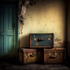 Old suitcases and trunks in an old room.