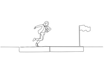 Cartoon of businesswoman run on progress bar to achieve success flag concept of progress. One line art style