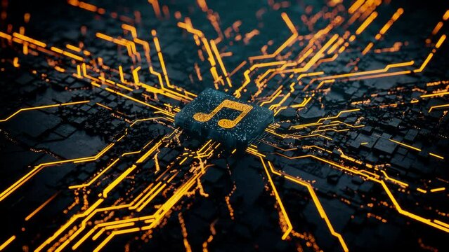 Audio Technology Concept with music symbol on a Microchip. Orange Neon Data flows from the CPU across a Futuristic Motherboard. Seamless Loop.