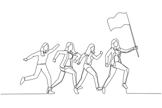 Illustration of businesswoman hold flag and lead the way. Single line art style