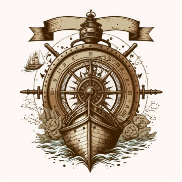 Boat or ship tattoo. Idea on traditional wooden boat for tattoos. Generative AI.