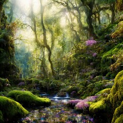 A computer generated image of an idyllic rainforest. A magnificent landscape digital painting with bright and colorful flora and crystal blue water, ai