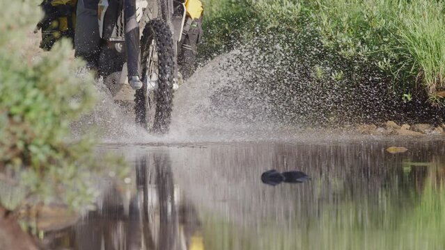 Close up of motorcycle riding through water crossing in green forest in Colorado