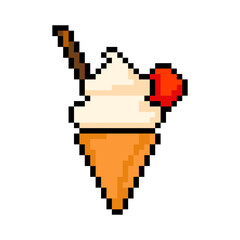 Fototapeta premium Pixel ice cream icon, 8Bit ice cream. Pixel Art ice cream, Vector Illustration isolated on white background.