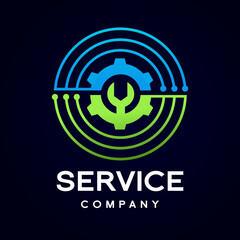 Service gear vector logo template. Circle shape symbol, green and blue color, Technology and digital abstract dot connection