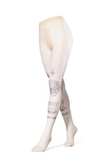 Detailed shot of beige tights with a color print imitating tattoo at the front. The tattoo-effect pantyhose have a shape of walking women's legs. The clothes are isolated on the white background.