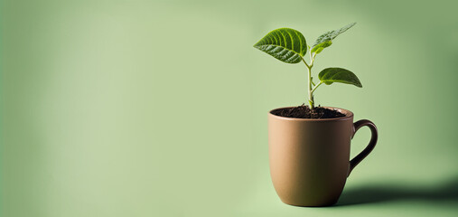 clay or ceramic mug with a plant growing out of it on a green background, plant sprout for eco friendly or earth day presentation, stock image made with Generative AI