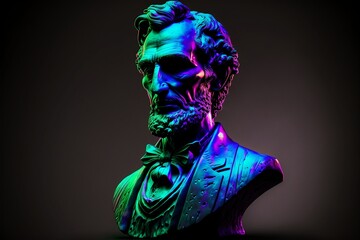 bust statue of abraham lincoln in neon lights 3d illustration 