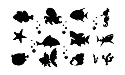 Obraz na płótnie Canvas Fish sea animals silhouette vector set bundle, element, template, illustration shadow of starfish, koi, seahorse, octopus, shark editable