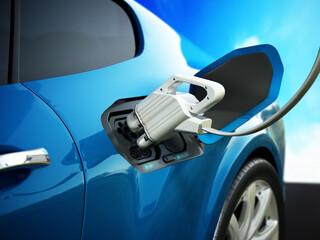 Electric car battery charging at charge station. 3D illustration