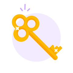 Key gold old icon retro vector modern or antique golden vintage sparkle glitter latchkey yellow color clipart graphic illustration, new shine solution passkey idea, secret access trendy design image