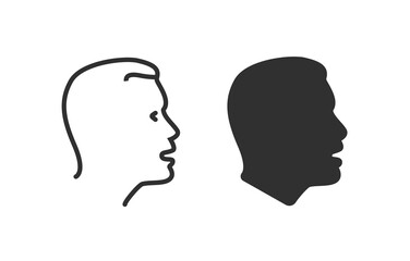 Face profile silhouette man side vector icon or thin line outline art linear human male person head shape black white clipart pictogram graphic illustration, young guy boy simple stroke portrait image