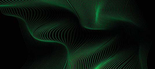 Abstract dotted wave line particles of dark green design element on dark black background. Modern technology futuristic concept. Vector illustration