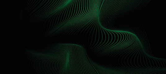 Abstract dotted wave line particles of dark green design element on dark black background. Modern technology futuristic concept. Vector illustration
