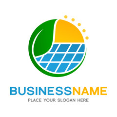 Solar logo template. Solar panel, leave and sun vector design. Renewable energy illustration.