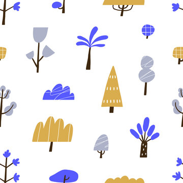 Seamless pattern with childish naive trees in Scandinavian style. Endless background design, repeating print with doodle forest plants. Childrens flat graphic vector illustration for wrapping, textile