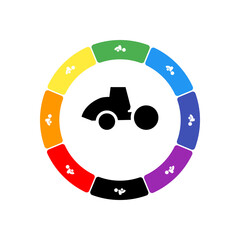 Naklejka premium A large black road roller symbol in the center, surrounded by eight white symbols on a colored background. Background of seven rainbow colors and black. Vector illustration on white background